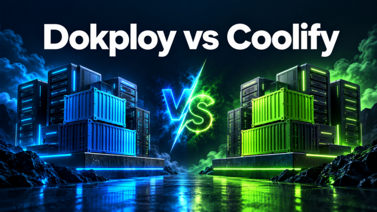 Comparação entre Dokploy e Coolify com duas estruturas de servidores e containers, em azul e verde.