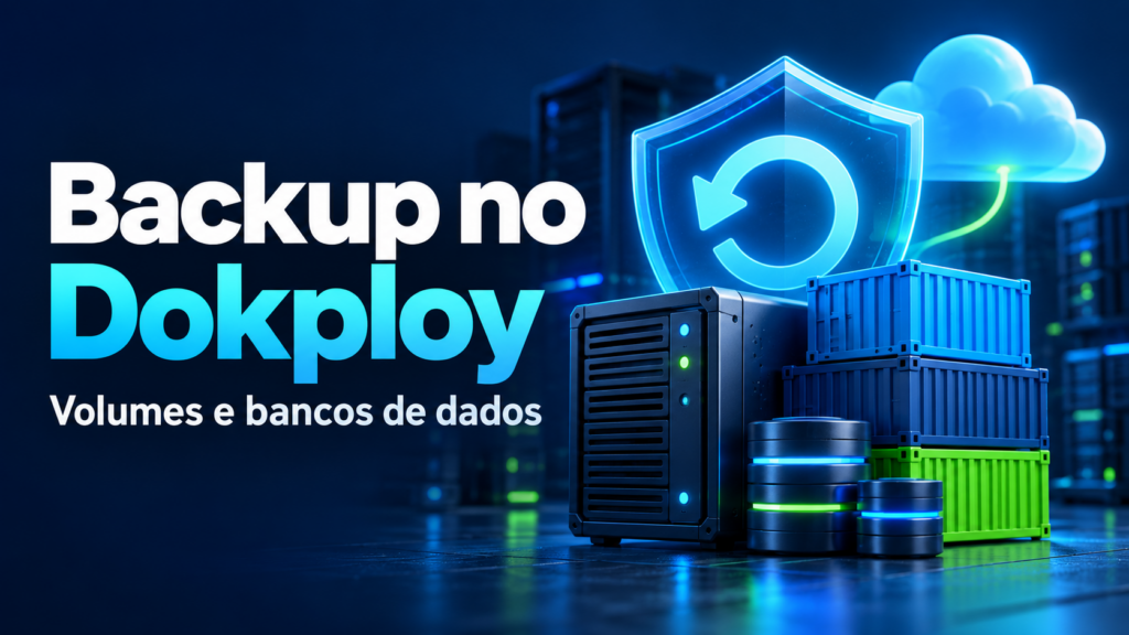 Servidores, containers e bancos de dados protegidos por um escudo com símbolo de backup e armazenamento em nuvem.