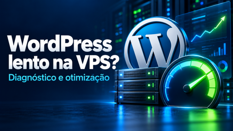 WordPress ao lado de servidores e um indicador de desempenho, ilustrando diagnóstico e otimização de uma VPS.