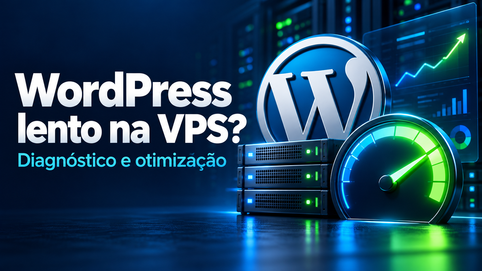 WordPress ao lado de servidores e um indicador de desempenho, ilustrando diagnóstico e otimização de uma VPS.